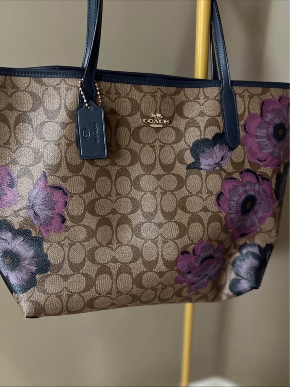 Limited Edition Coach Brown Signature Tote with Purple Floral Accents